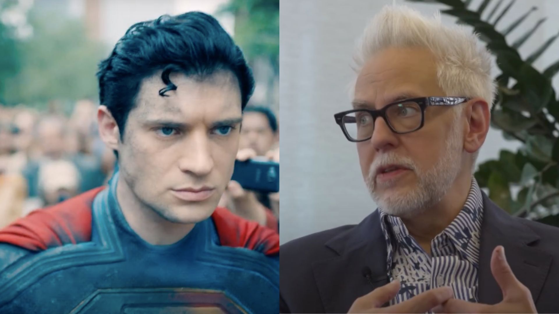 This is a collage of the images of David Corenswet as Superman (left) and James Gunn (right)