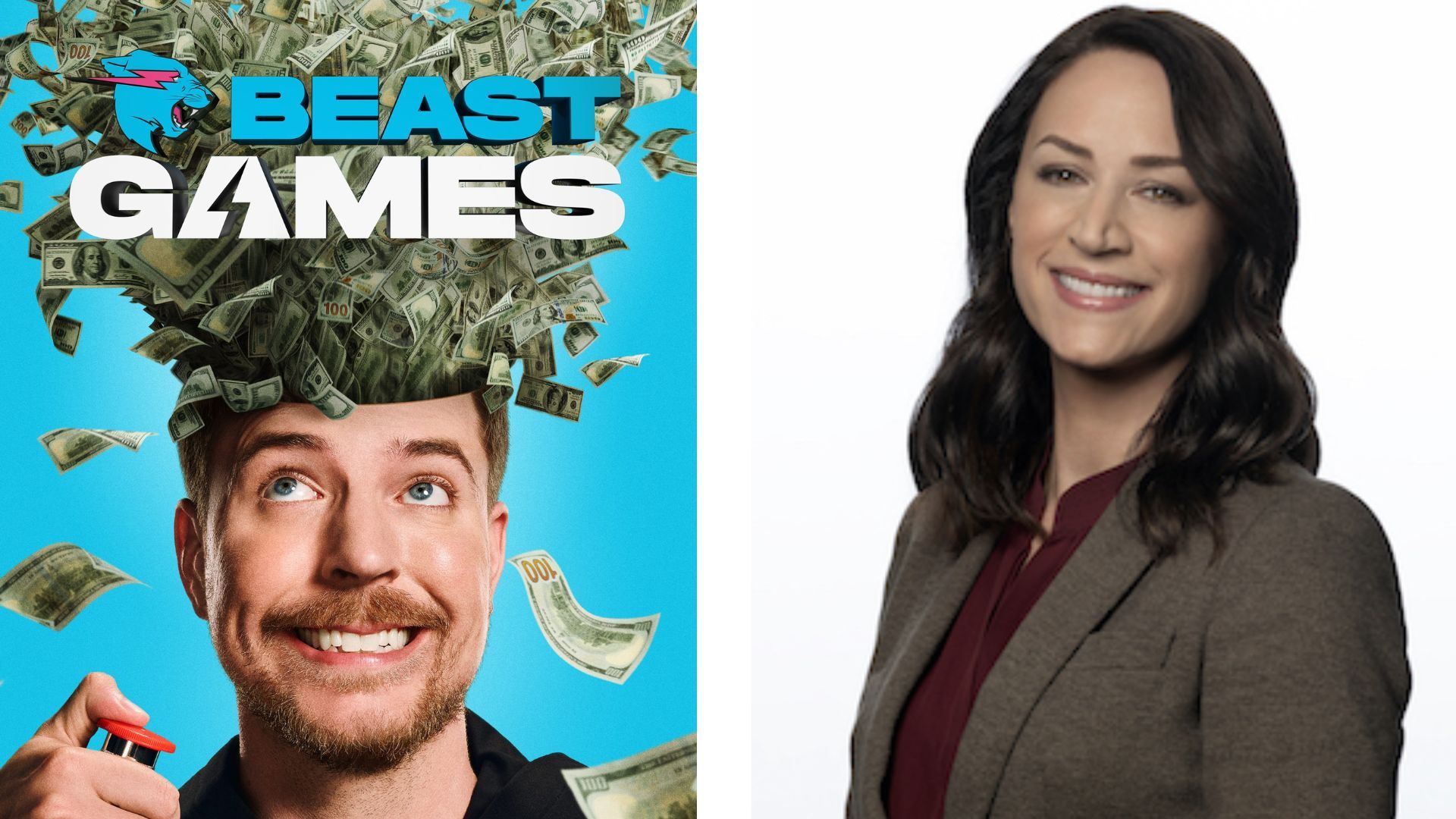 Promotional poster for Beast Games and Corie Henson | Image via Prime Video and Warner Bros.