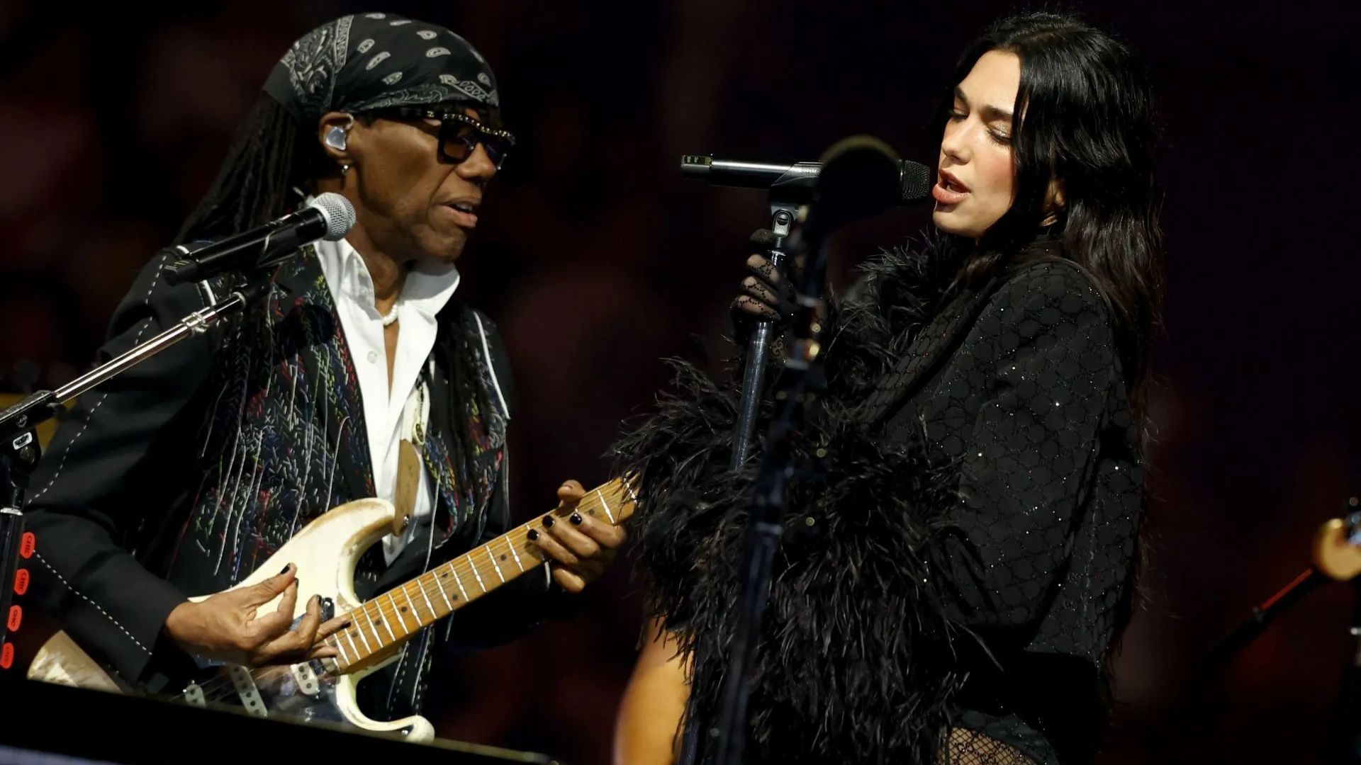 Dua Lipa and Nile Rodgers performing 