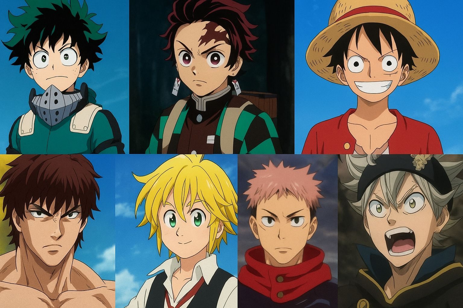 Deku, Tanjiro, Luffy, Baki, Meliodas, Yuji and Asta