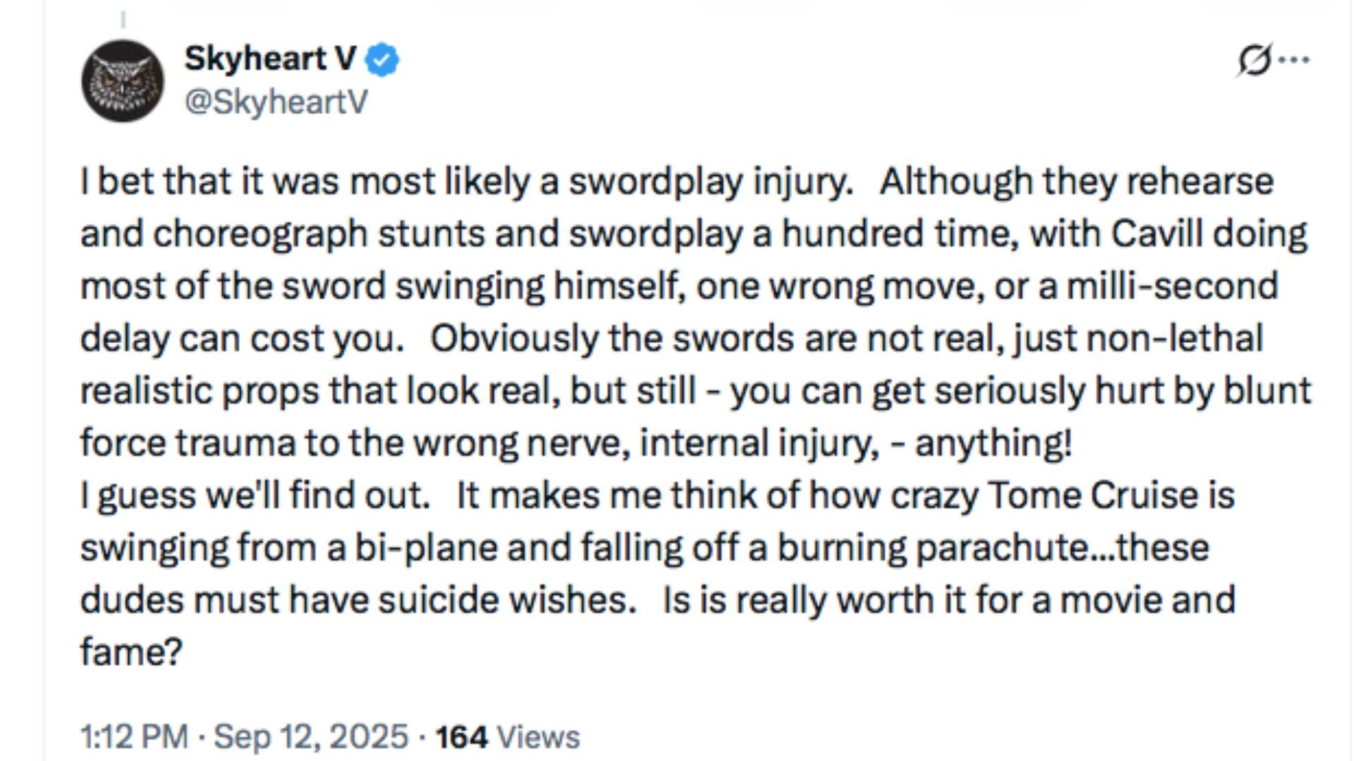 A comment on Twitter about Henry Cavill&#039;s injury in Highlander | Image via @Twitter/SkyheartV