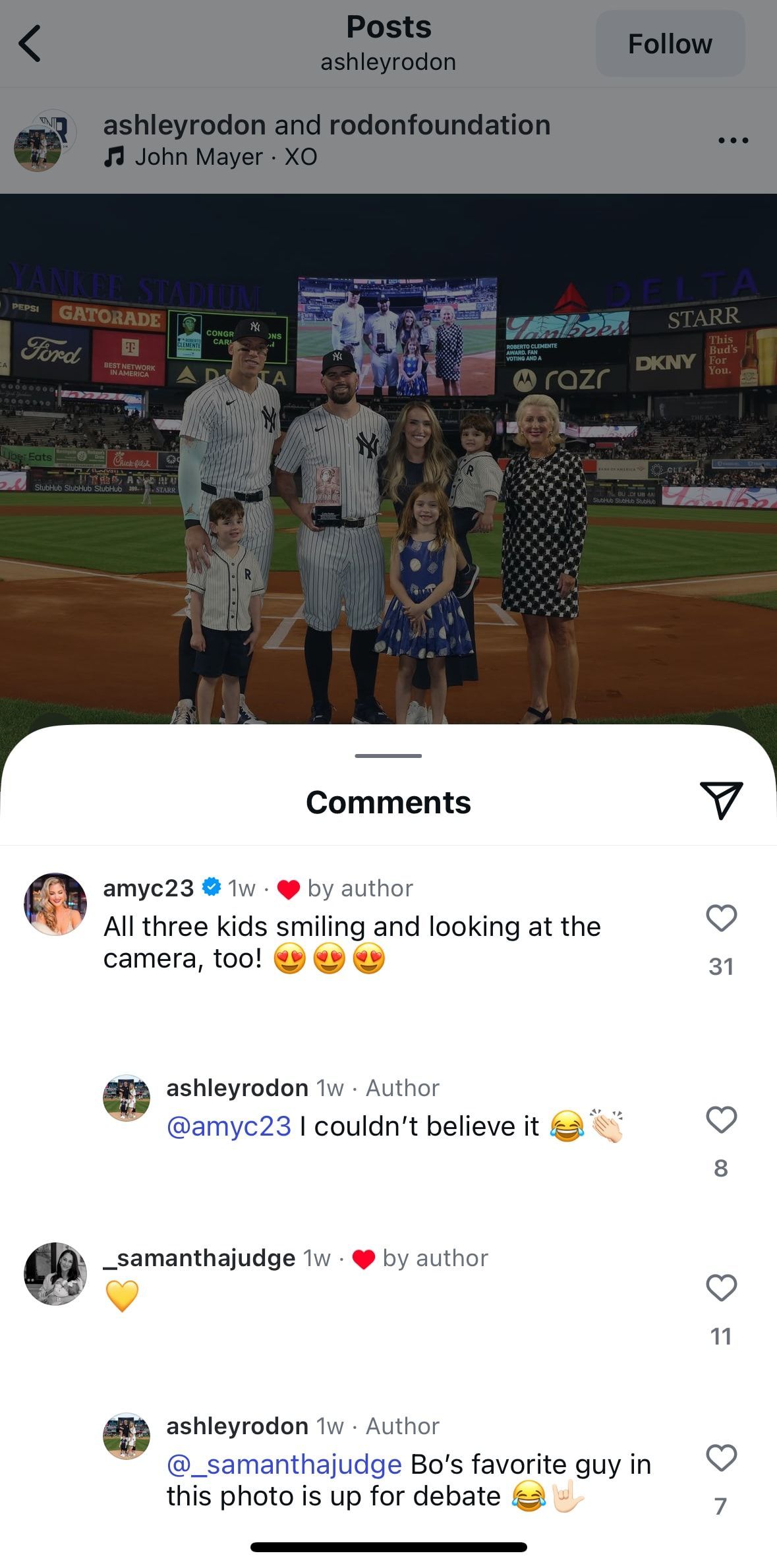 Samantha Bracksieck&#039;s comment and Ashley Rodon&#039;s reply. Bo is Ashley and Carlos&#039;s second son (Image via Instagram/ashleyrodon) Aaron congratulating Samantha at the 2023 TCS New York City Marathon (Image via Getty)