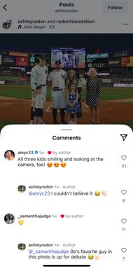 Samantha Bracksieck's comment and Ashley Rodon's reply. Bo is Ashley and Carlos's second son (Image via Instagram/ashleyrodon) Aaron congratulating Samantha at the 2023 TCS New York City Marathon (Image via Getty)