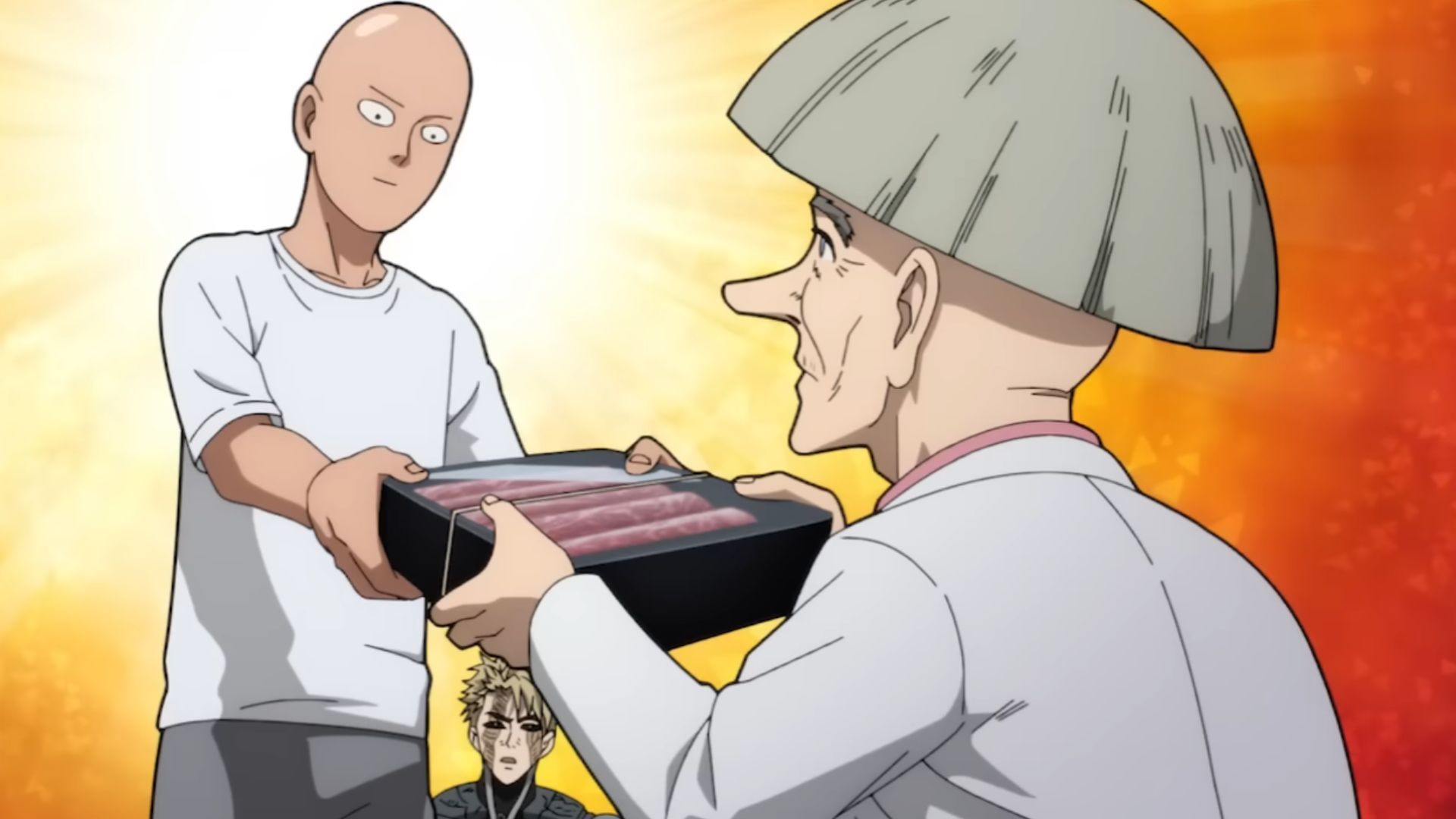 Dr. Kuseno offers fancy meat to Saitama as appreciation (Image Source: J.C. Staff)