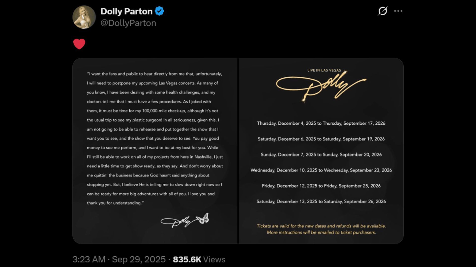 Dolly Parton is undergoing a health battle and has postponed her concerts. (Image via X)