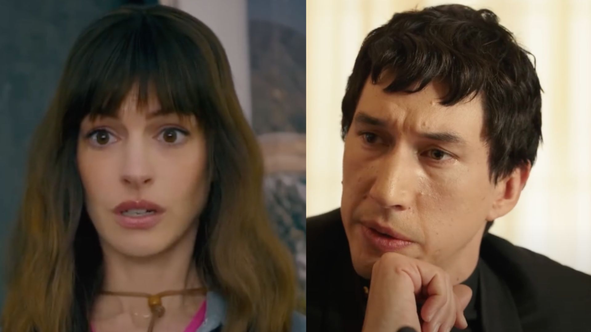 This is a collage of the images of Anne Hathaway (left) and Adam Driver (right)