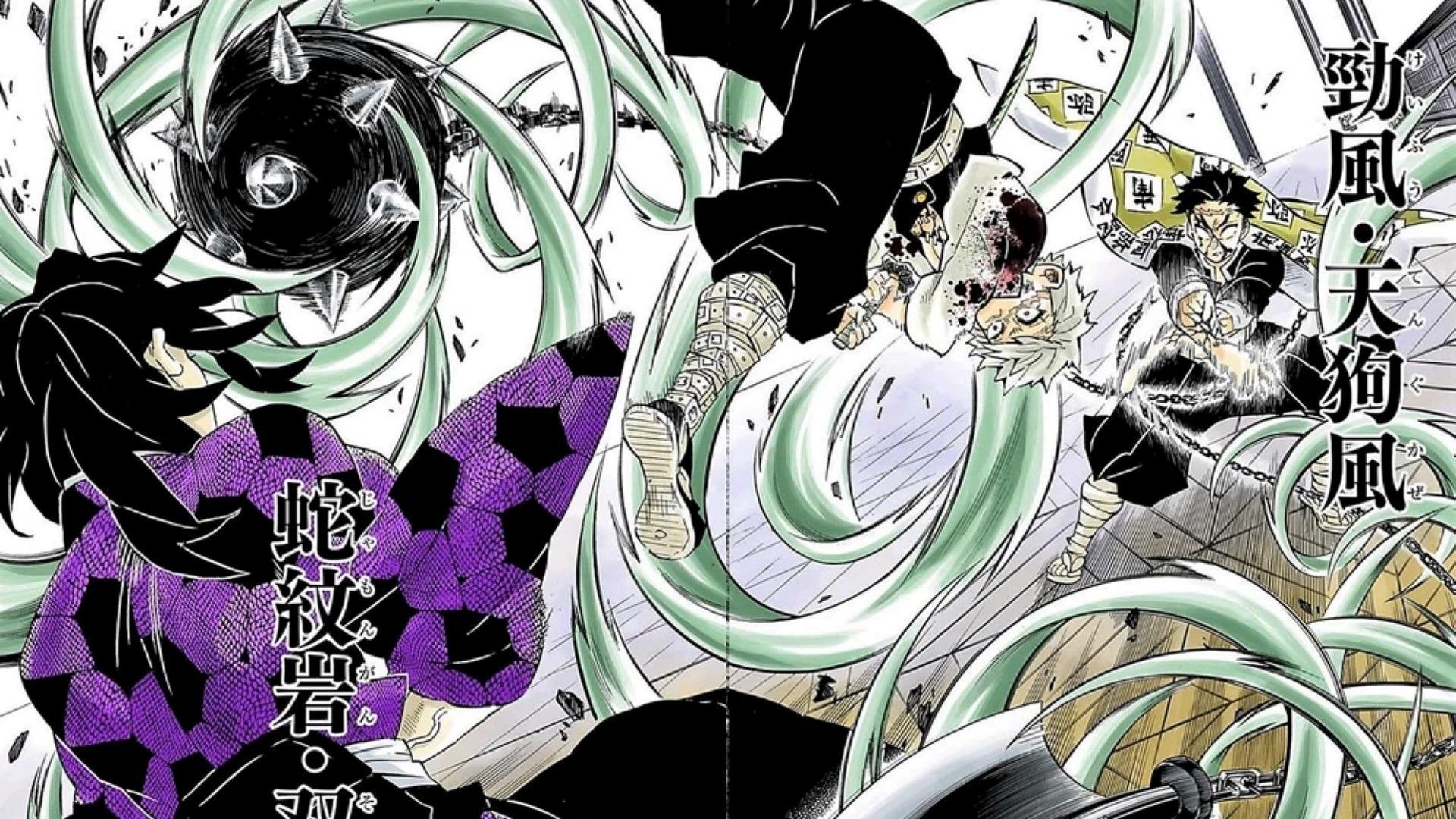 Kokushibo fighting Sanemi and Gyomei (Image Credit: Shueisha)