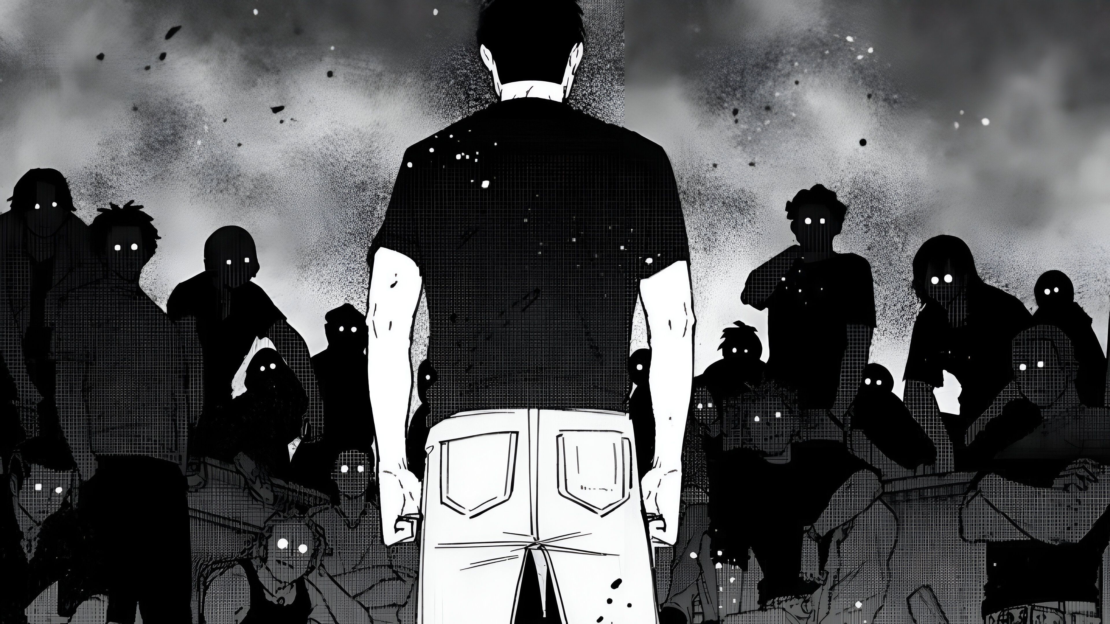 Lone wolf, Momojikawa, standing in front of mysterious group 