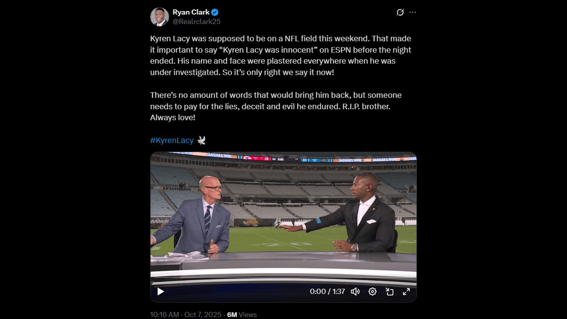 Ryan Clark defending Kyren Lacy. (Image via X)