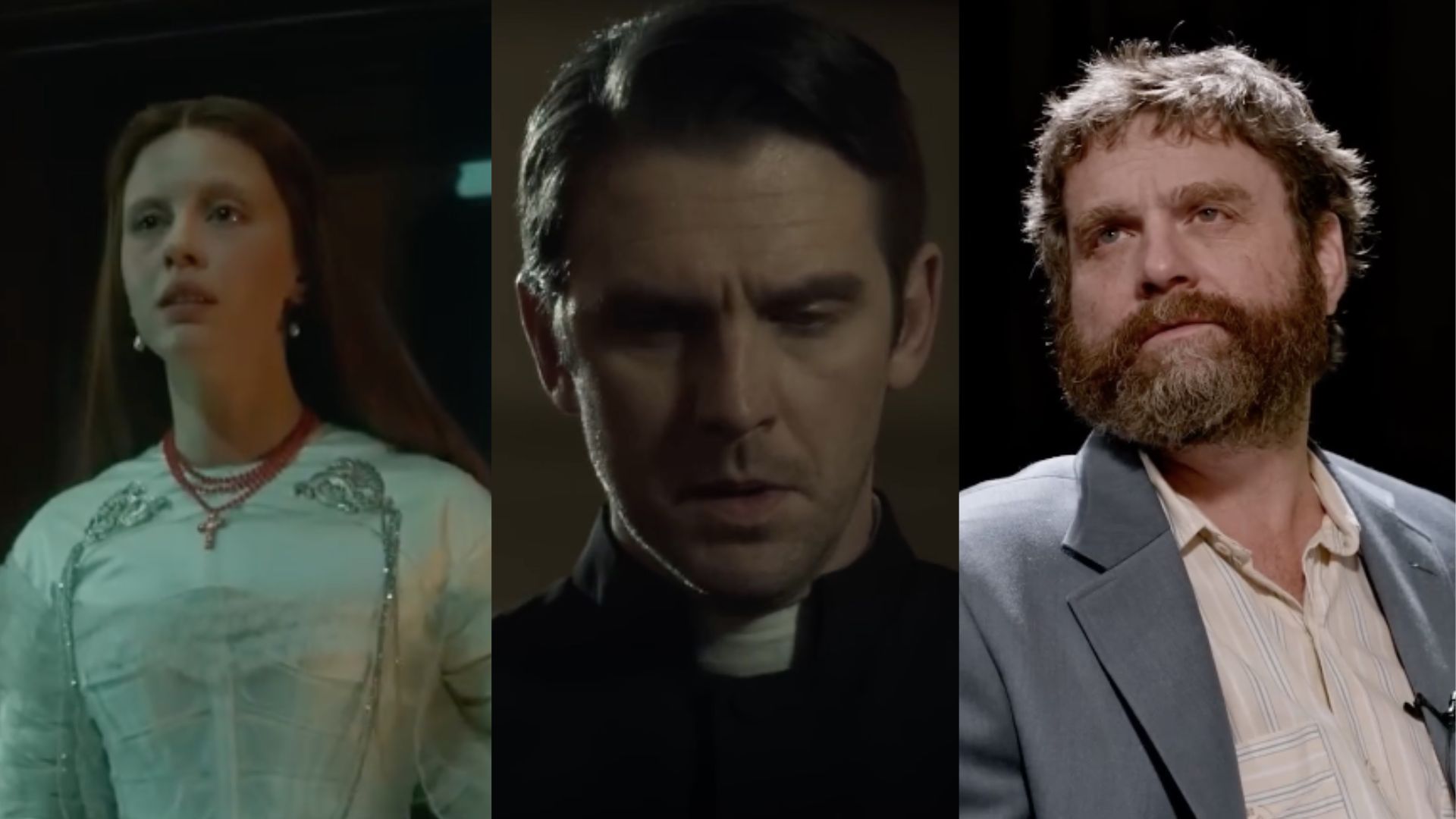 This is a collage of the images of Mia Goth (left), Dan Stevens (centre) and Zach Galifianakis (right)