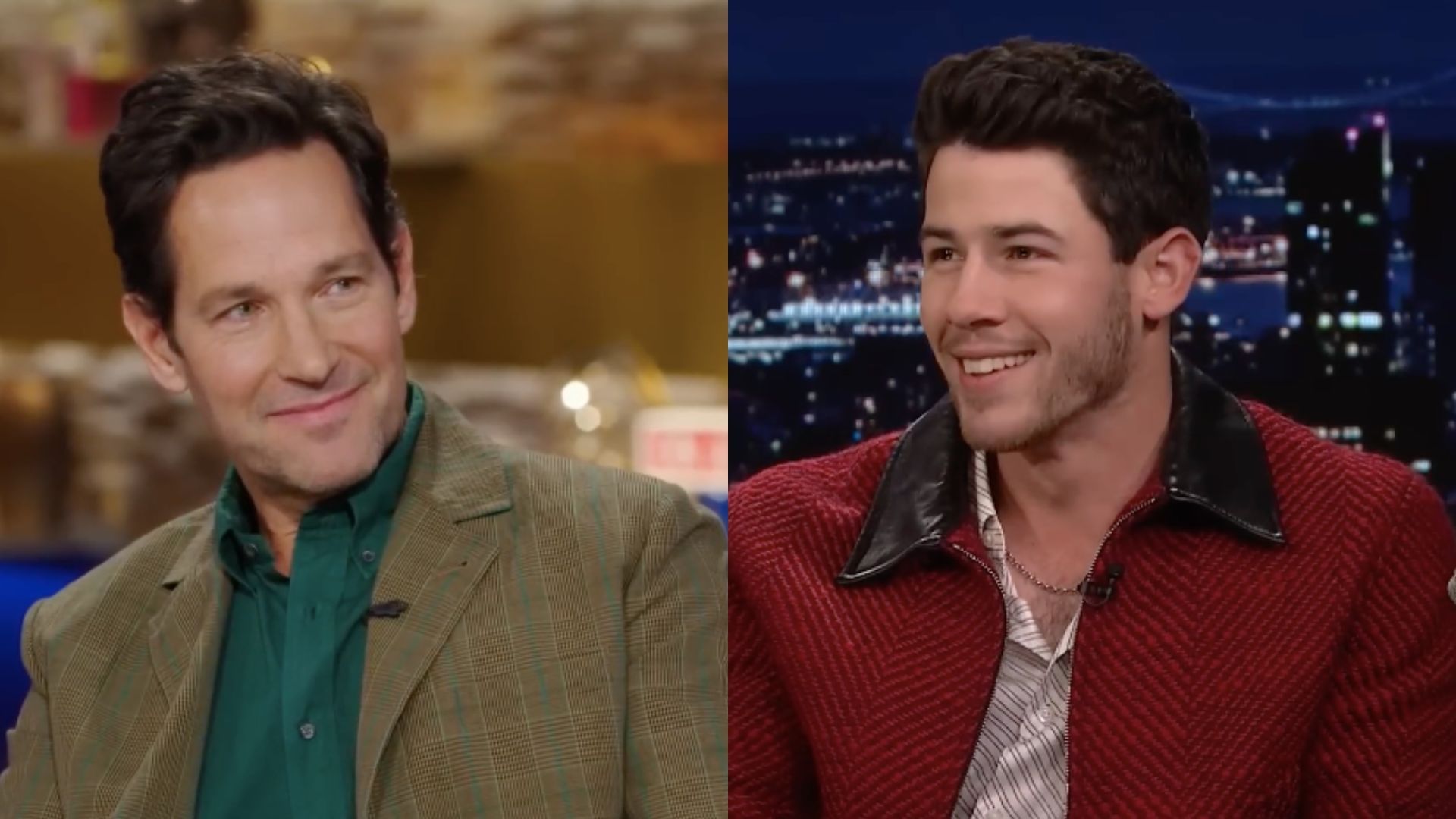 This is a collage of the images of Paul Rudd (left) and Nick Jonas (right)