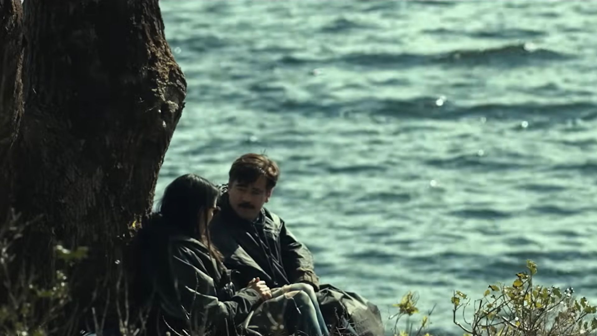 Short-sighted woman (Rachel Weisz) and David (Colin Farrell are sitting under a tree