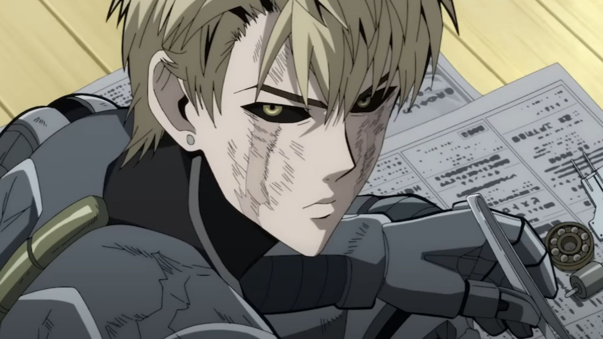 Genos repairing his gear (Image Source: Studio J.C. Staff)