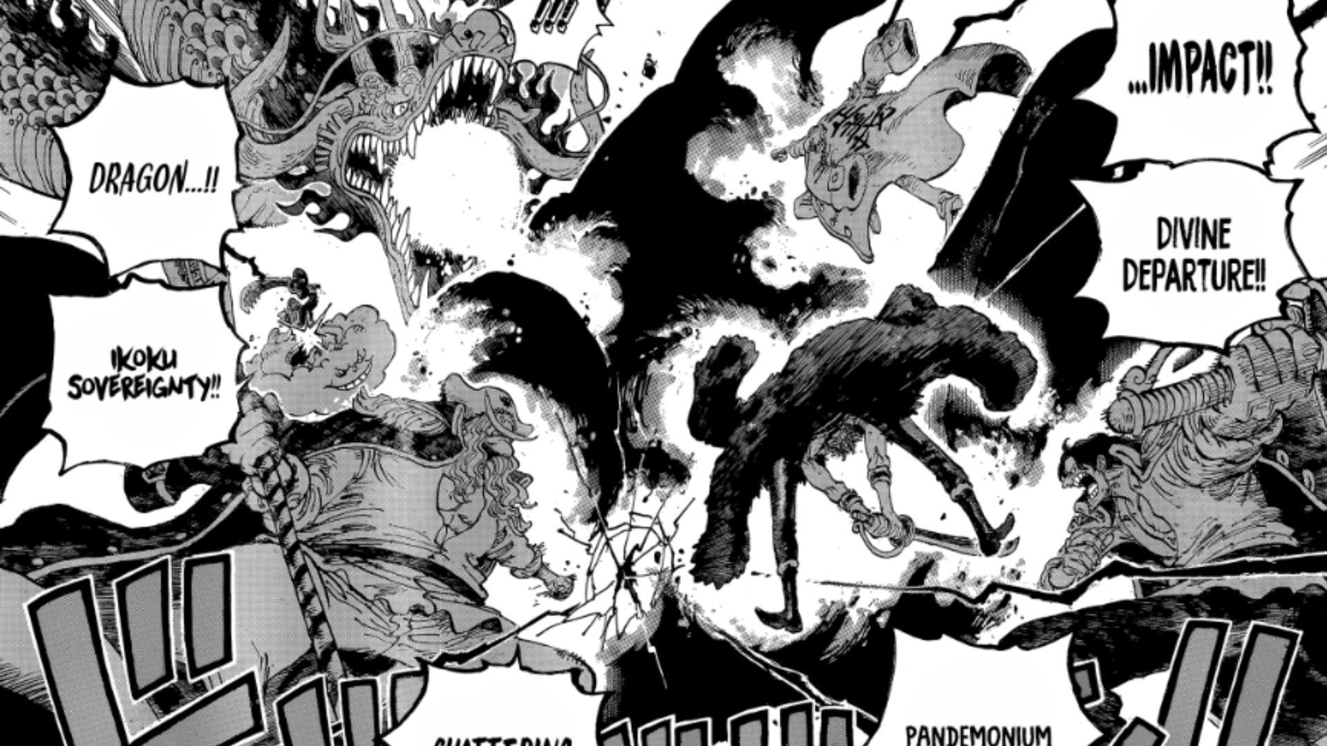 Garp, along with Whitebeard, Xebec, Big Mom, Kaido, and Roger, attack Imu (Image Source: VIZ)
