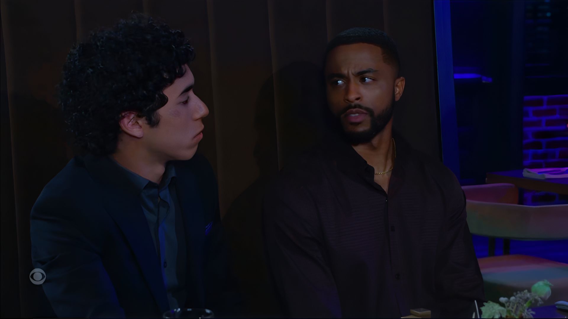 &ldquo;Are you believing this?&rdquo; Jacob seemed to say to Donnell when Vanessa got all huggy with Joey on Beyond the Gates | Image: CBS