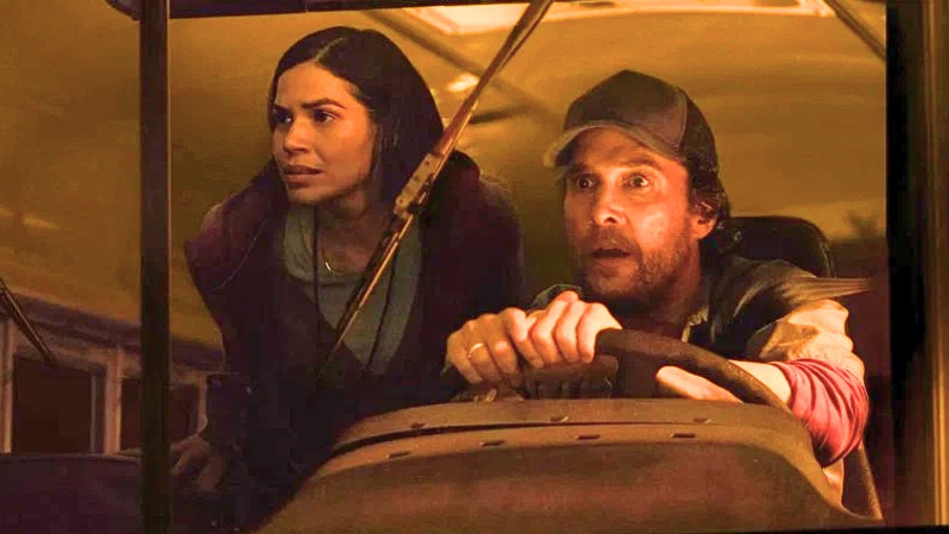 Matthew McConaughey and America Ferrera in The Lost Bus, a survival thriller powered by James Newton Howard&rsquo;s searing score (Image via Apple TV+)