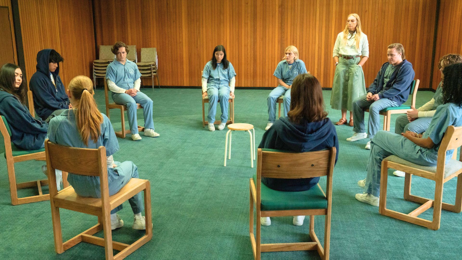 A scene from Wayward shows teens in &ldquo;therapy,&rdquo; reflecting real TTI abuse tactics (Image via Netflix)