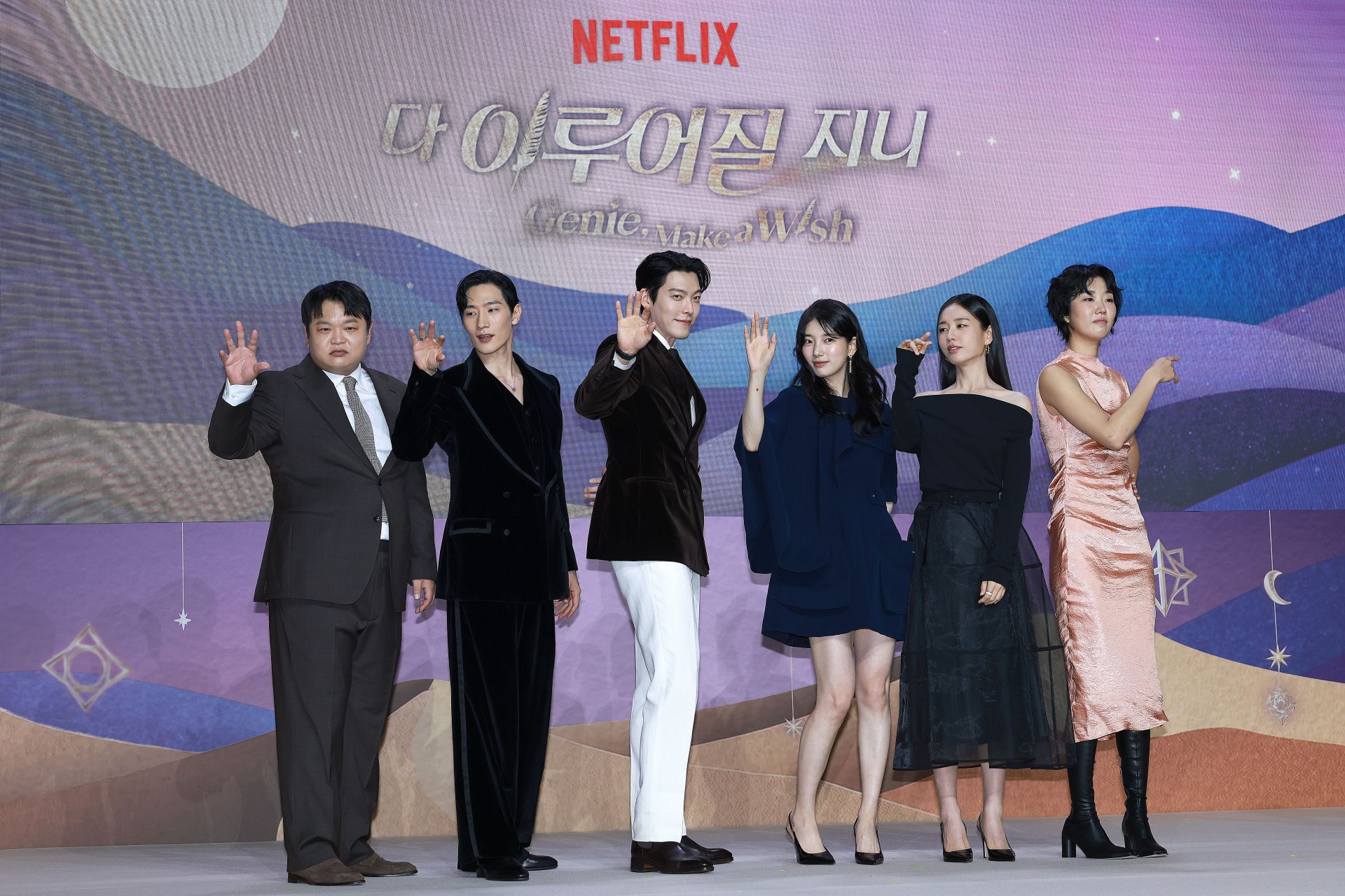 Actors Ko Kyu-Phil, Noh Sang-Hyun also known as Steve Sanghyun Noh, Kim Woo-Bin, Suzy, Ahn Eun-Jin and Lee Zoo-Young attend Netflix&#039;s &quot;Genie, Make A Wish&quot; a press conference at Josun Palace on September 29, 2025 in Seoul, South Korea | Image via: Getty