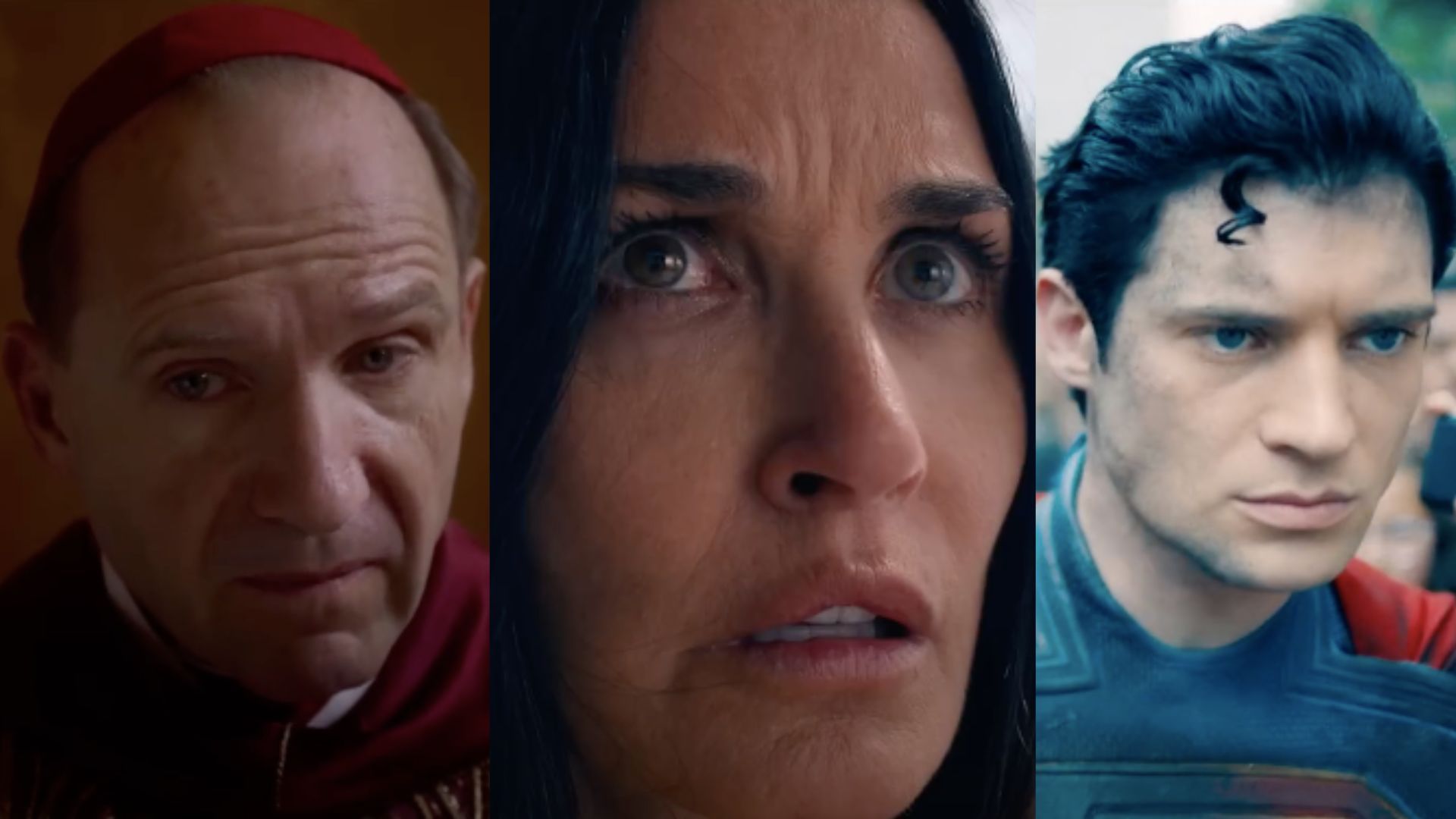 This is a collage of the stills of movies including Conclave, The Substance and Superman (left to right)