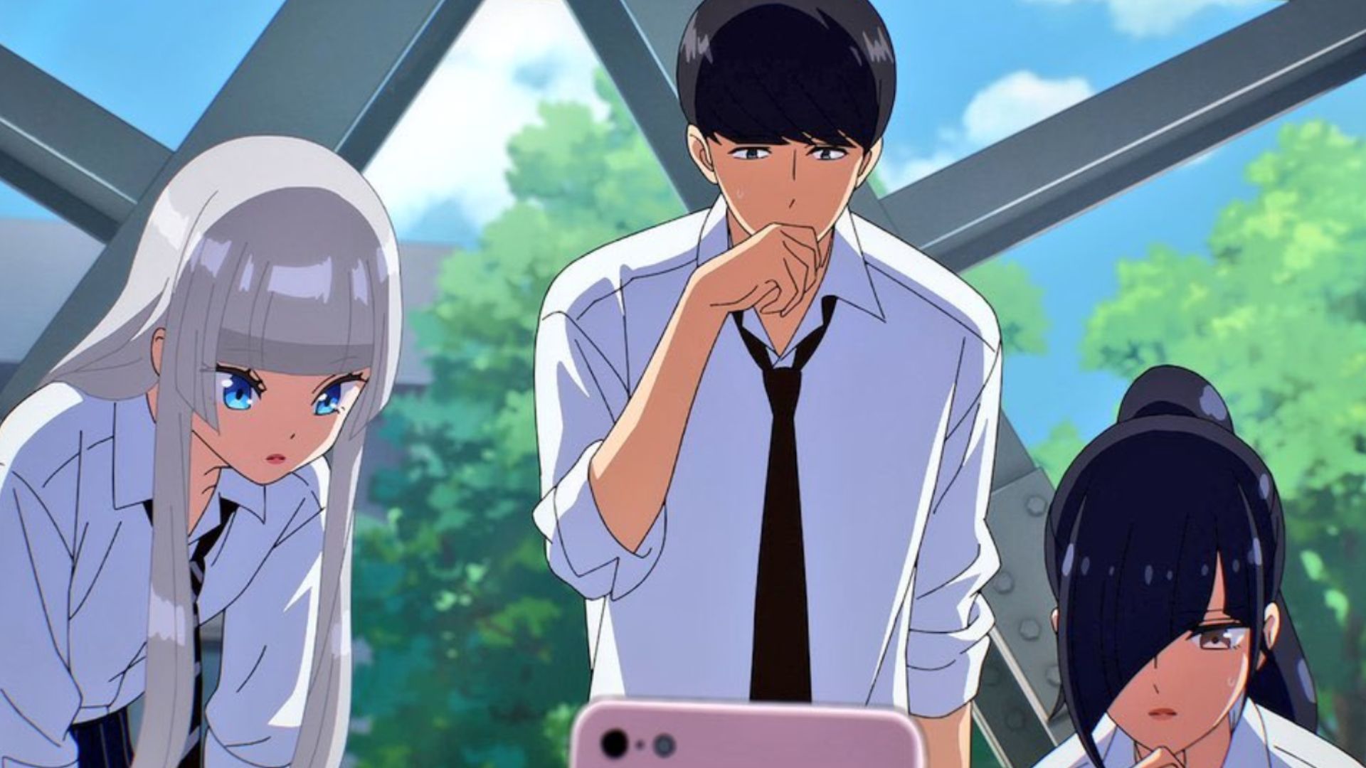 Wanda, Kabuko, and Yura, watching their practice video (Image Source: Studio Madhouse)