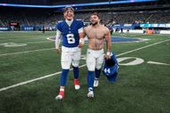 Jaxson Dart and Cam Skattebo after the Philadelphia Eagles v New York Giants match - NFL 2025 - Source: Getty