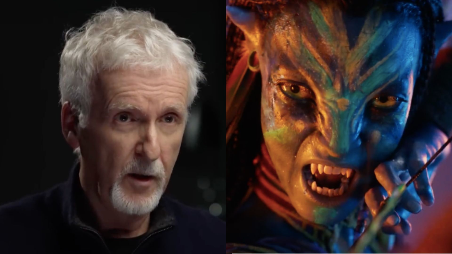 This is a collage of an image of James Cameron (left) and a still from Avatar: Fire &amp; Ash (right)