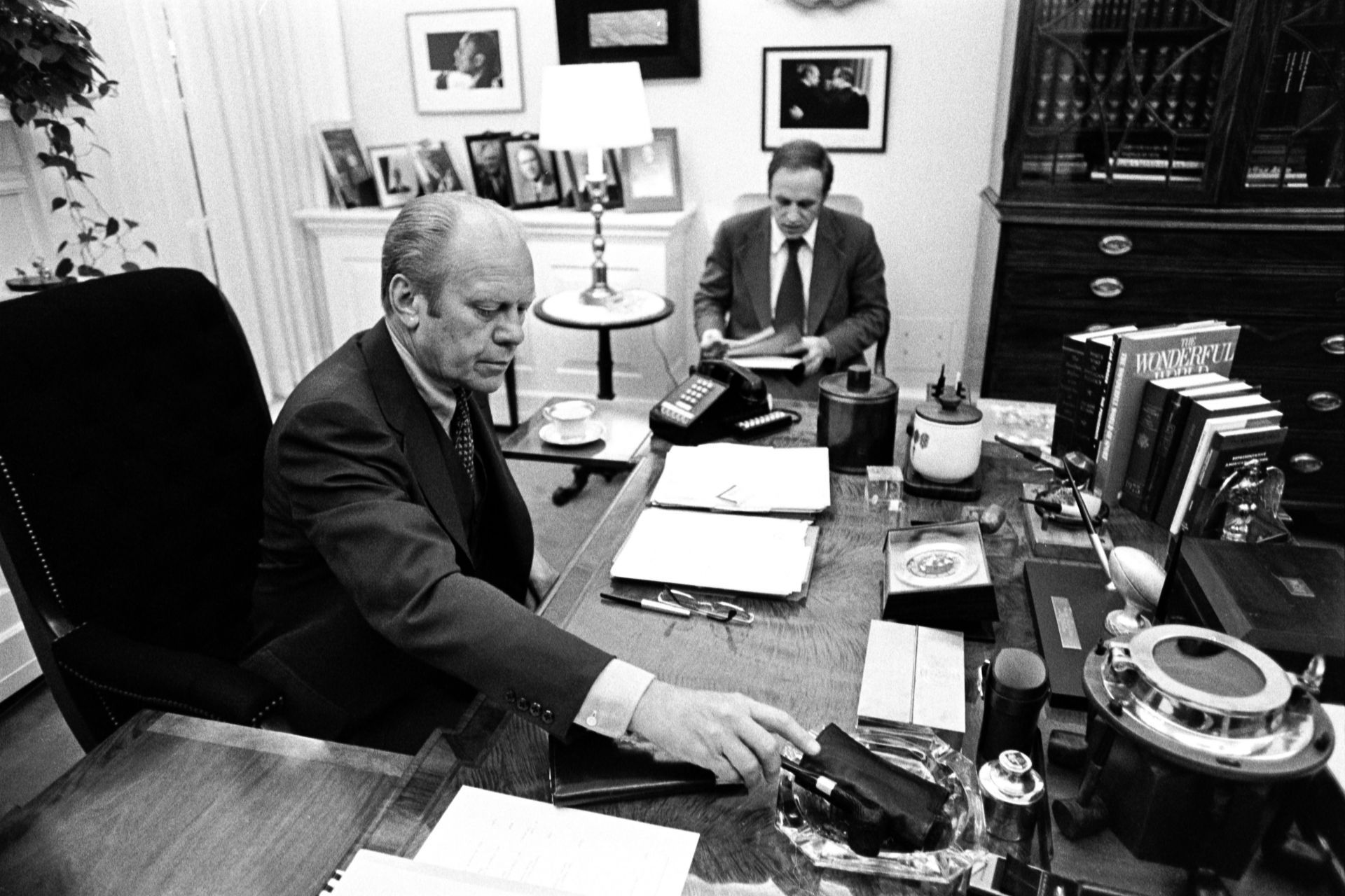 President Gerald R. (Jerry) Ford meets with Chief of Staff in the President&#039;s Private Study. - Source: Getty