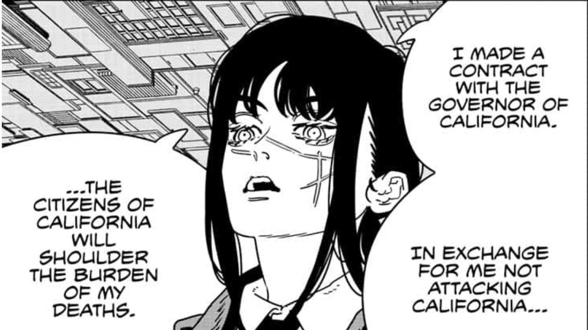 Yoru explaining her contract with the Governor of California (Image Credit: Shueisha)