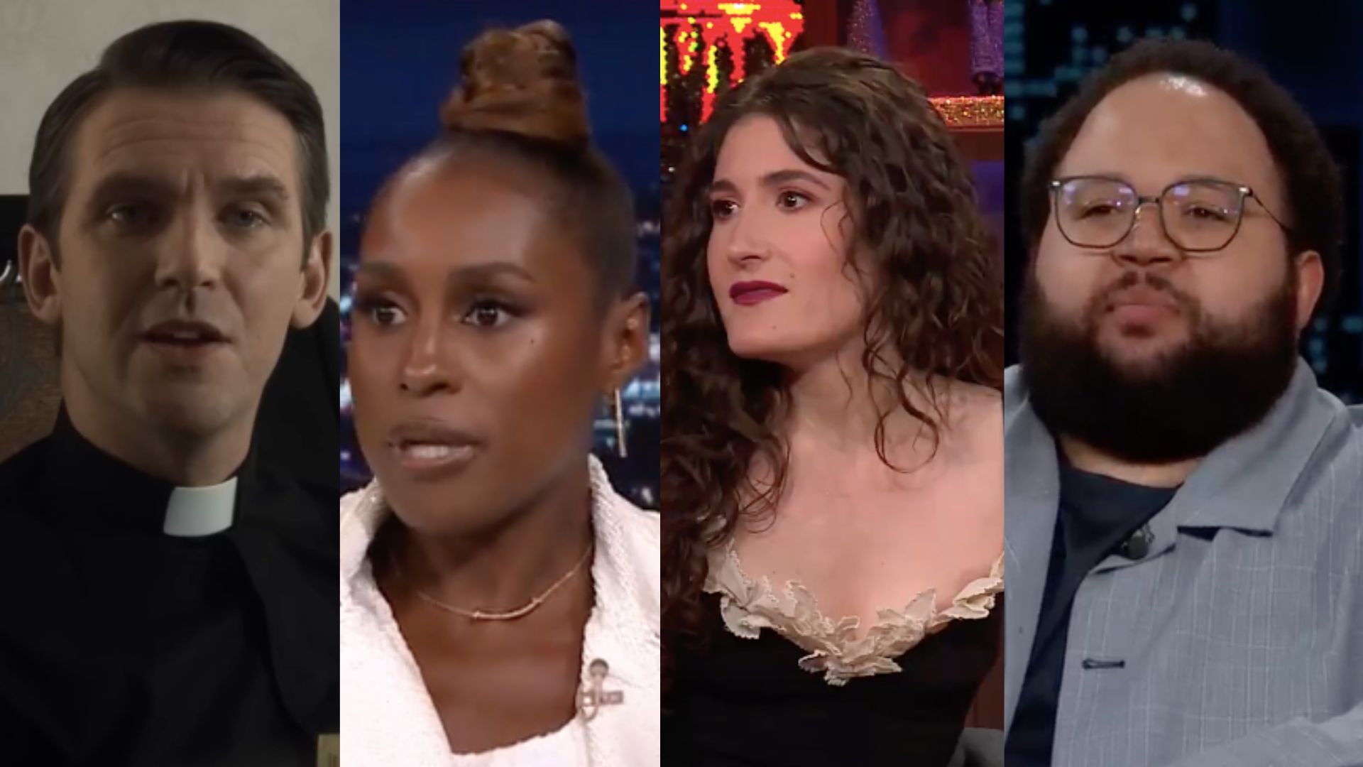 This is a collage of the images of Dan Stevens, Issa Rae, Kate Berlant and Zach Cherry (left to right)