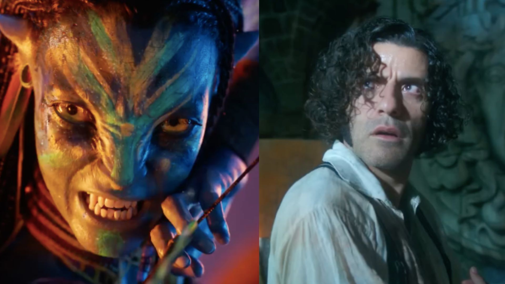 This is a collage of the stills of Avatar: Fire and Ash (left) and Frankenstein (right)