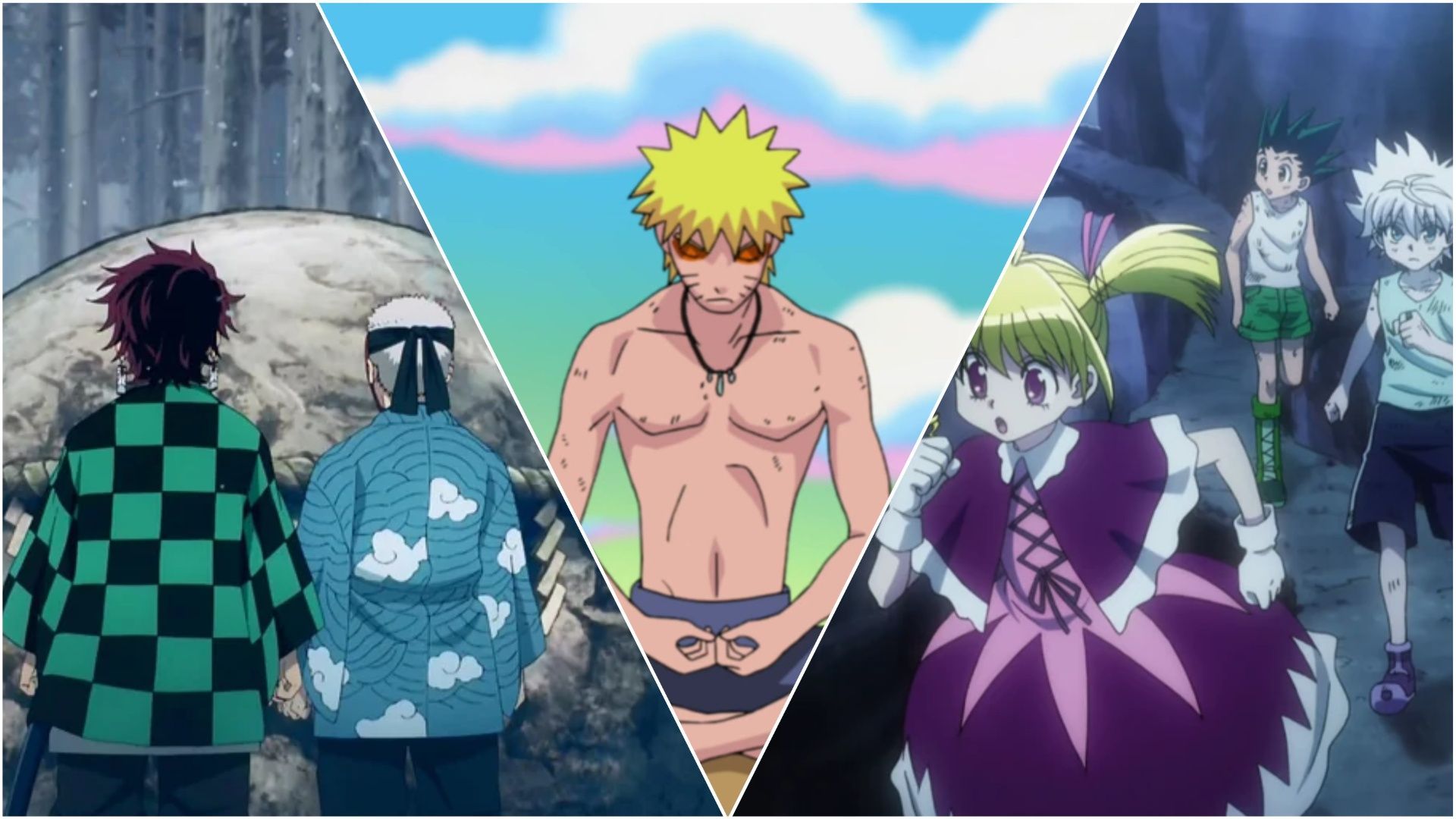 A shot from Demon Slayer, Naruto Shippudden, and Hunter X Hunter