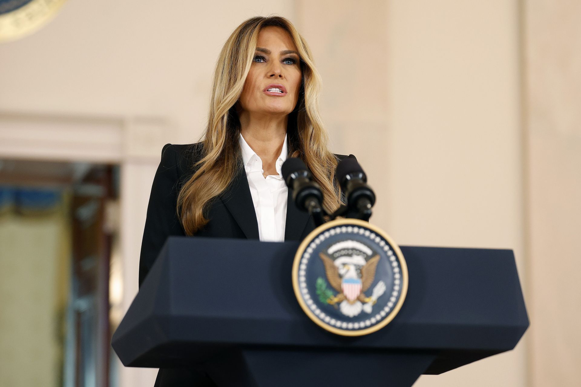 First Lady Melania Trump Makes Announcement In The Grand Foyer Of The White House - Source: Getty