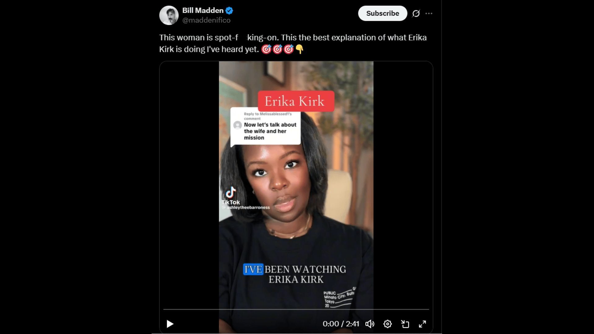 Bill Madden reposts a TikTok video on Erika Kirk&#039;s grief. (Image via X)
