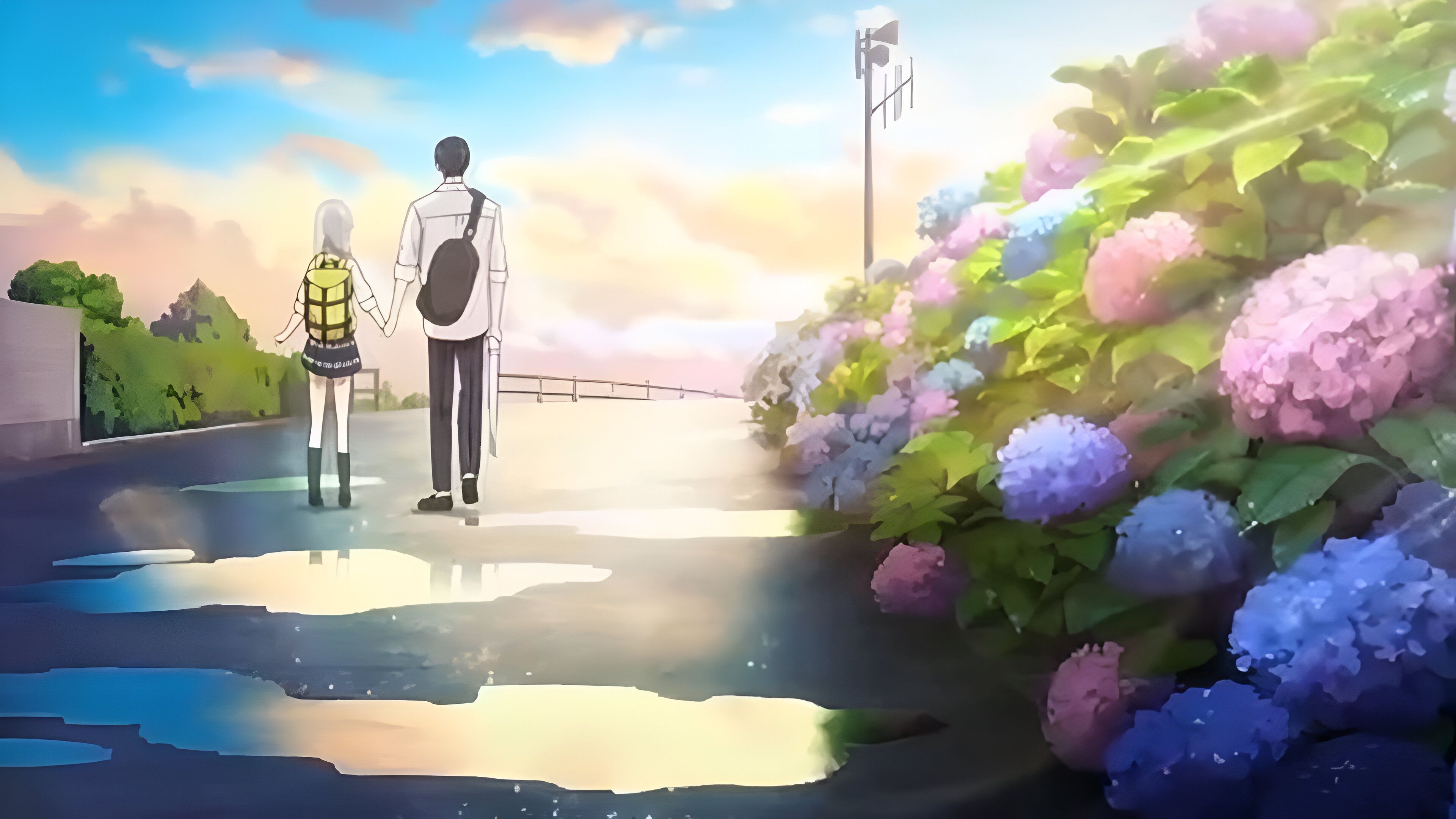 Kabo and Wanda walking holding hands after rain 