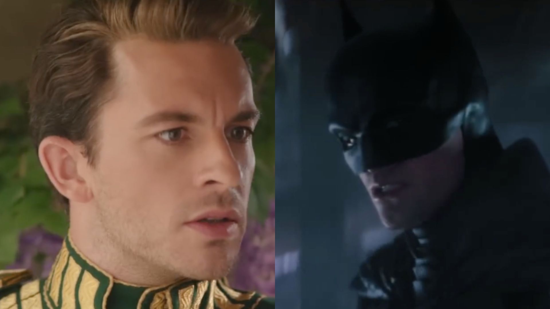 This is a collage of Jonathan Bailey (left) and Robert Pattinson as Batman in The Batman (right)