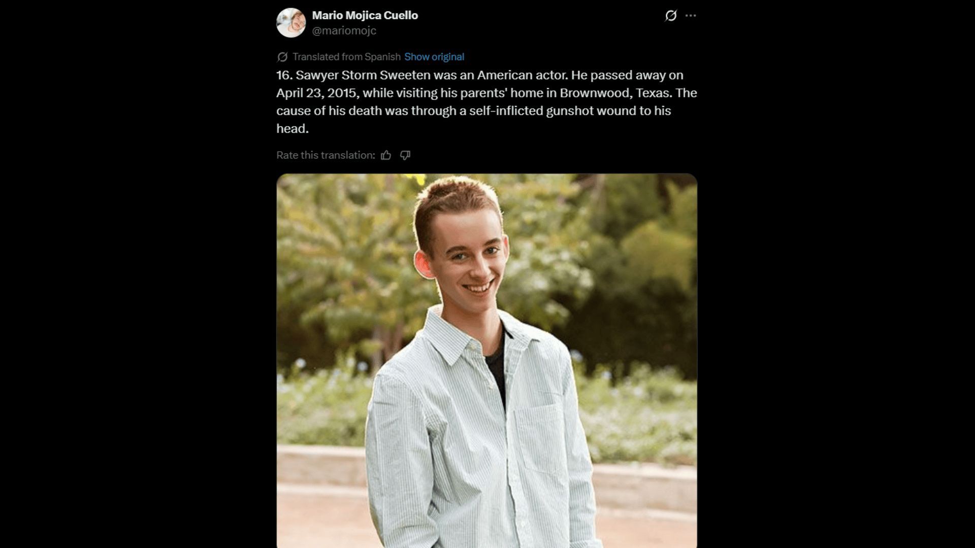 Sawyer Sweeten died in April 2015. (Image via X)