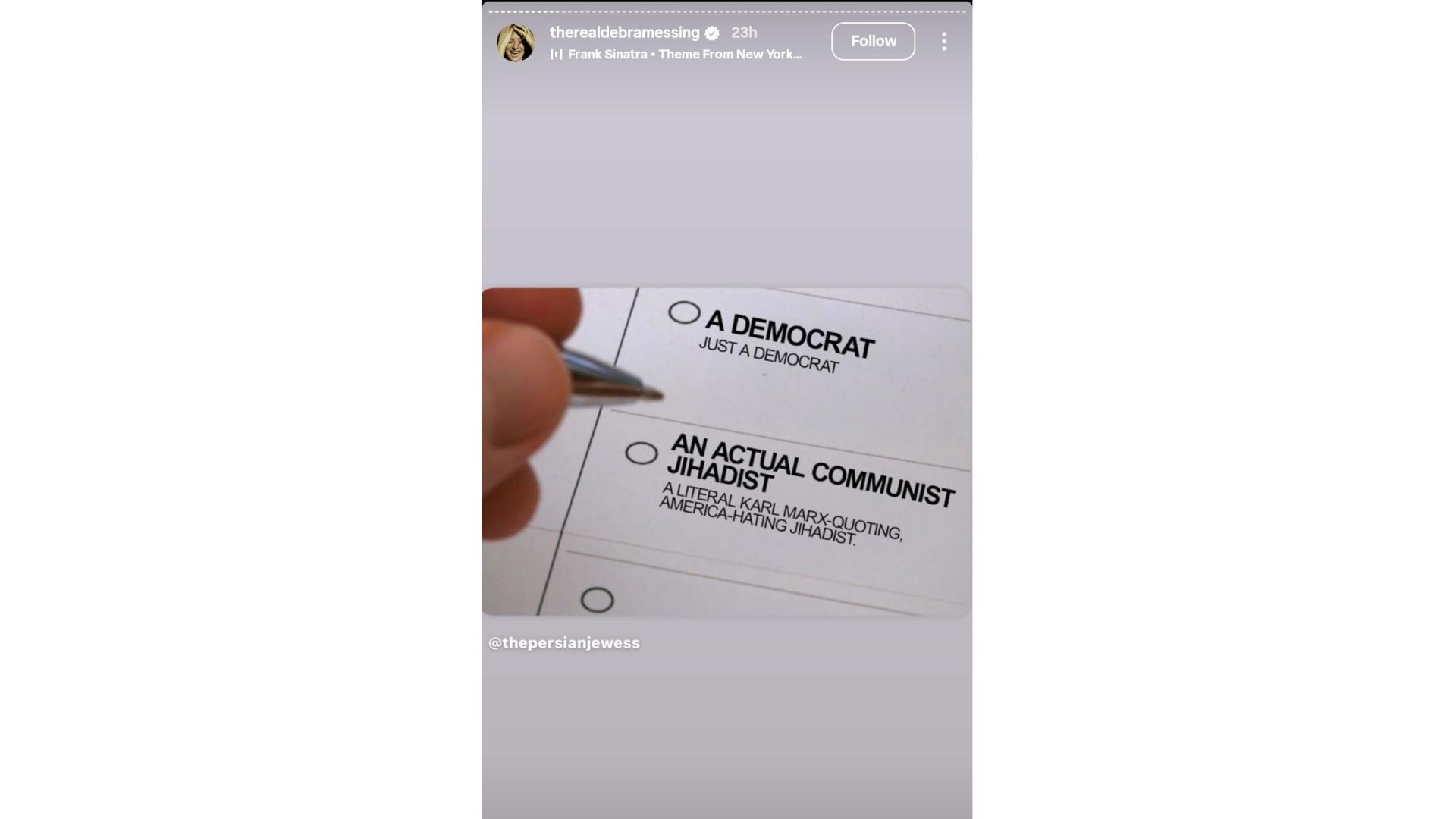 Meme posted on Debra Messing&#039;s Stories (Image via Instagram/ @therealdebramessing)