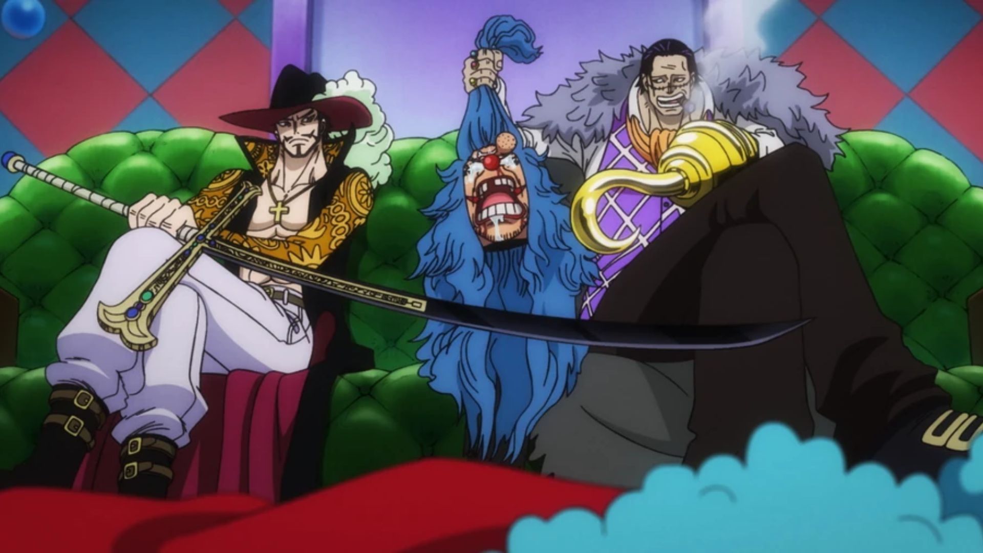 Mihawk and Crocodile confronting Buggy (Image Credits: Toei Animation)