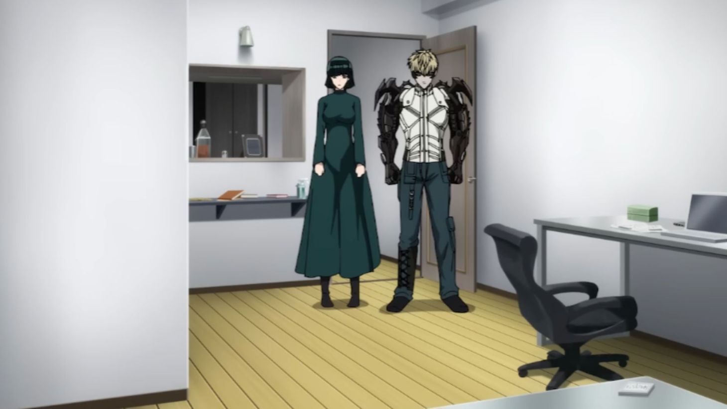 Genos, after the new upgrade arrives at Saitama&#039;s home with Fubuki (Image Source: J.C. Staff)