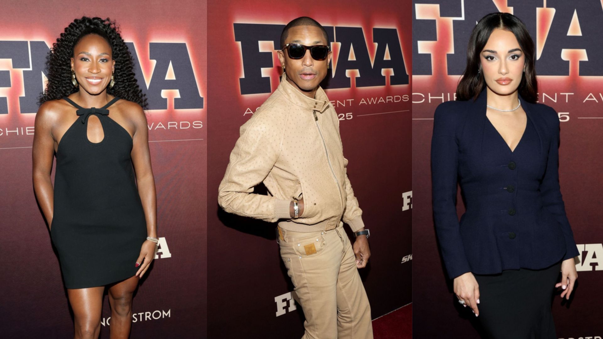 Coco Gauff, Pharrell Williams and Amina Muaddi at FN Achievement Awards 2025 (Image via Getty)