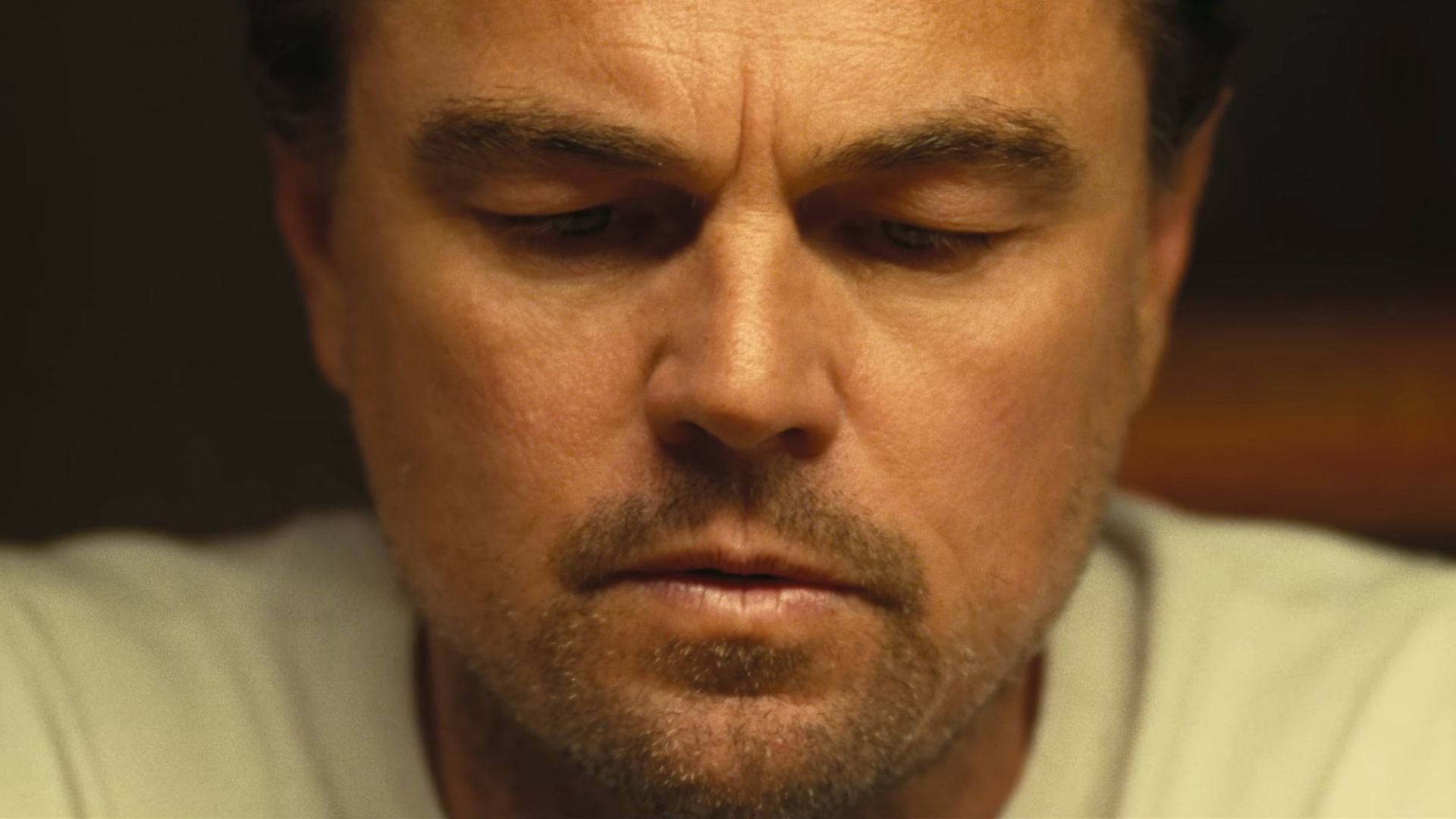 A close up shot of Leonardo DiCaprio in One Battle After Another