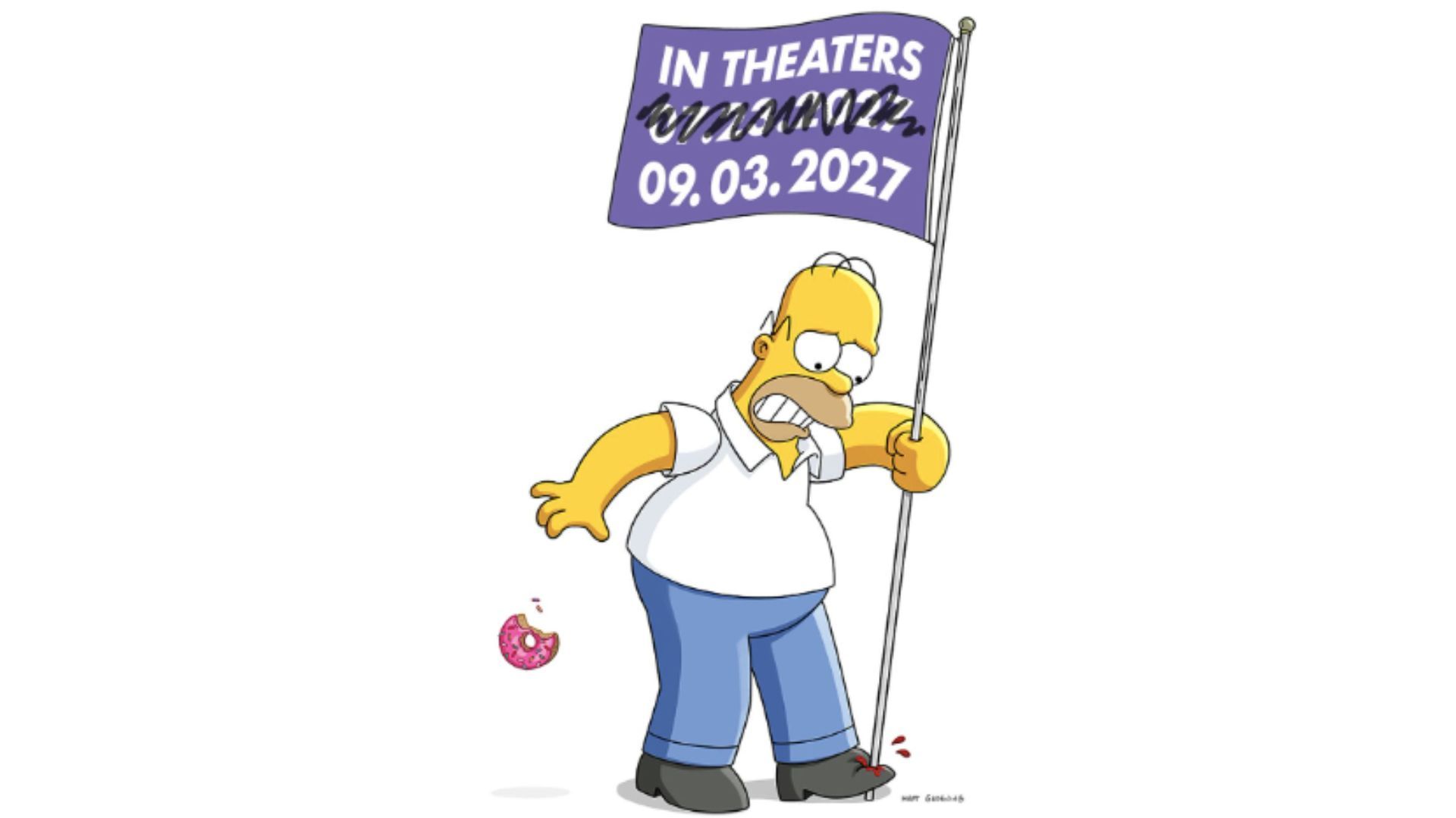 The Simpsons Movie 2, featuring Homer holding a flag that pierces his foot. Above him there