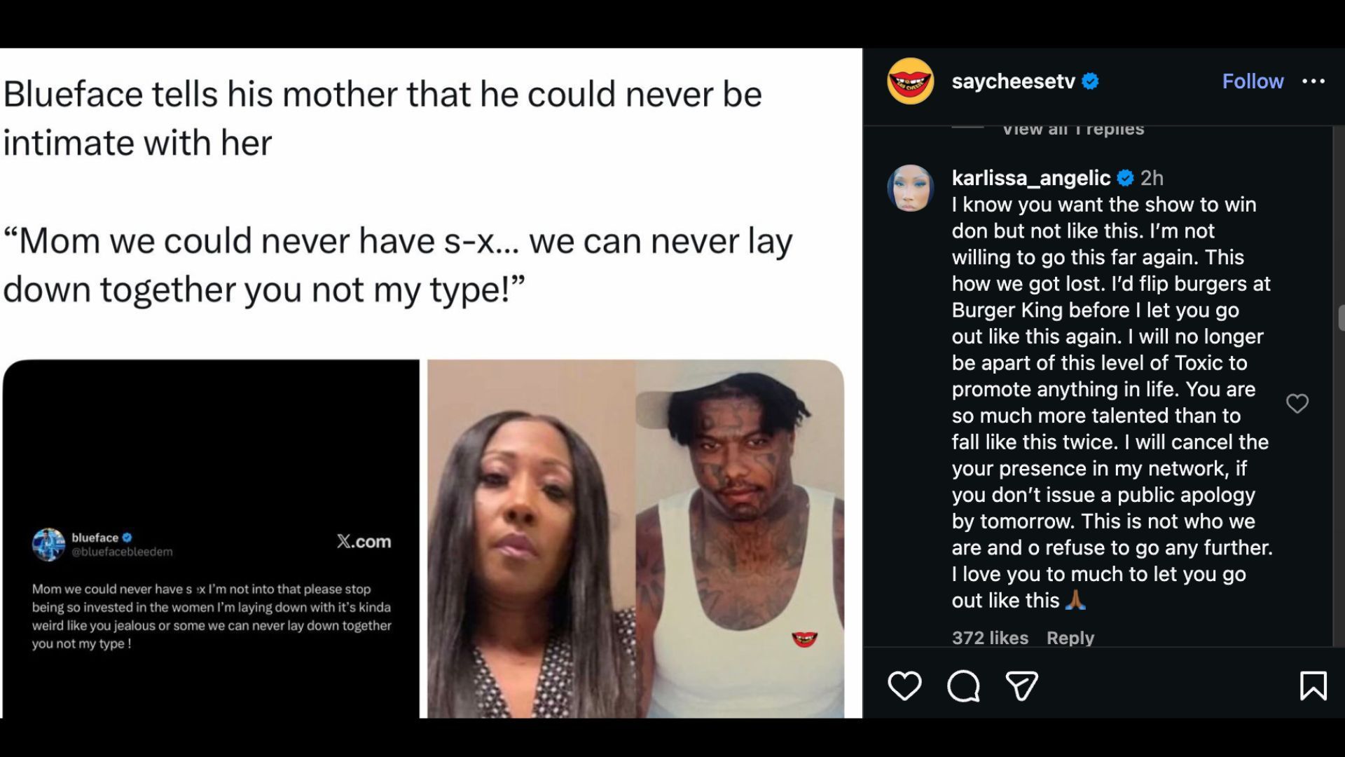 Blueface&#039;s mother&#039;s response to his X post (Screenshot via Instagram)
