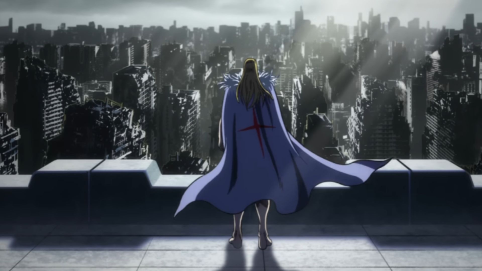 Shin is watching the post-apocalyptic skyscrapers (Image Source: Warner Bros. Japan)