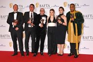 Josh Hyams, Richard Yee, Dominic Savage, Mia Threapleton, Kate Winslet and BAFTA Chair Krishnendu Majumdar, 2023, attend BAFTA Television Awards with P&O Cruises - Winner's Room - Source: Getty
