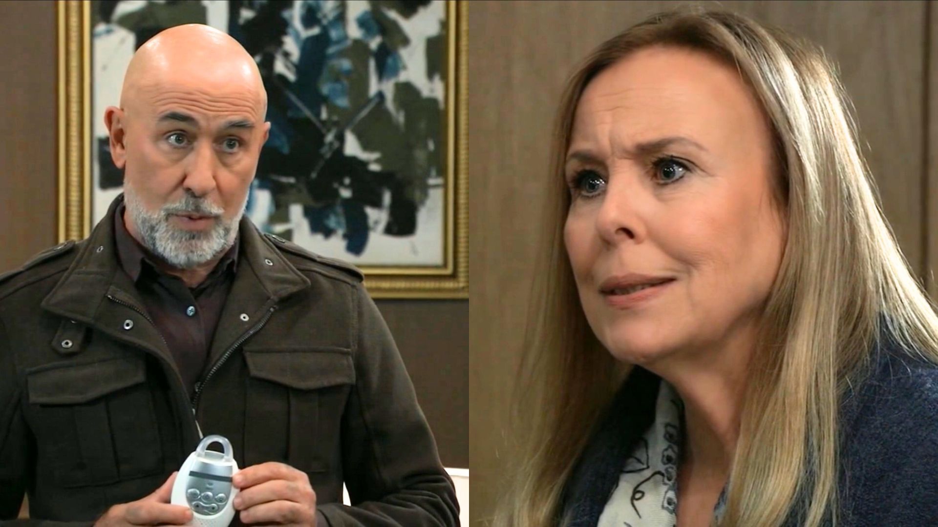 Jenz Sidwell holds Ace&#039;s baby monitor and threatens Laura on General Hospital | Image: ABC