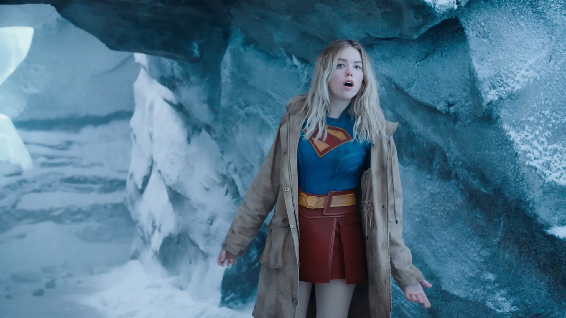 Supergirl (Milly Alcock) arrives at the Fortress of Solitude)