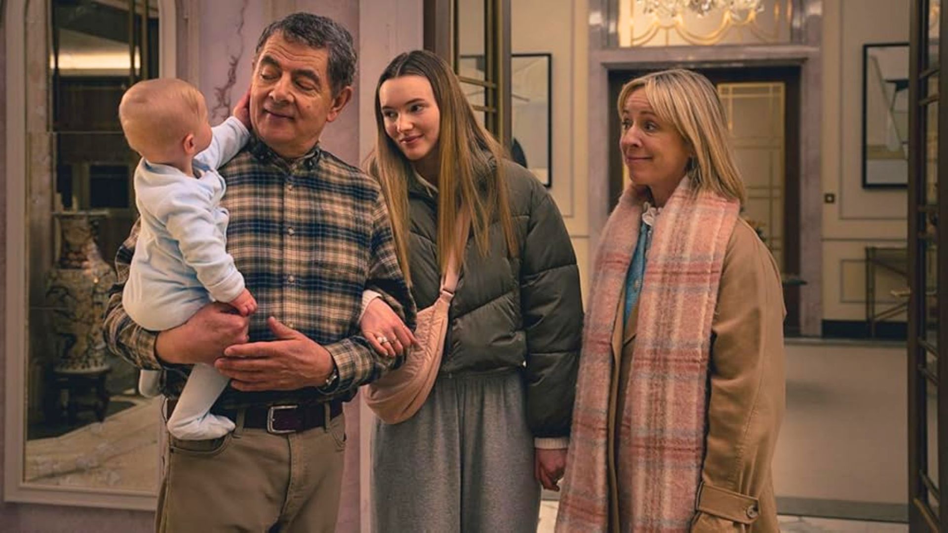 Alanah Bloor (Middle) with Rowan Atkinson in Man vs. Baby | Image via Netflix