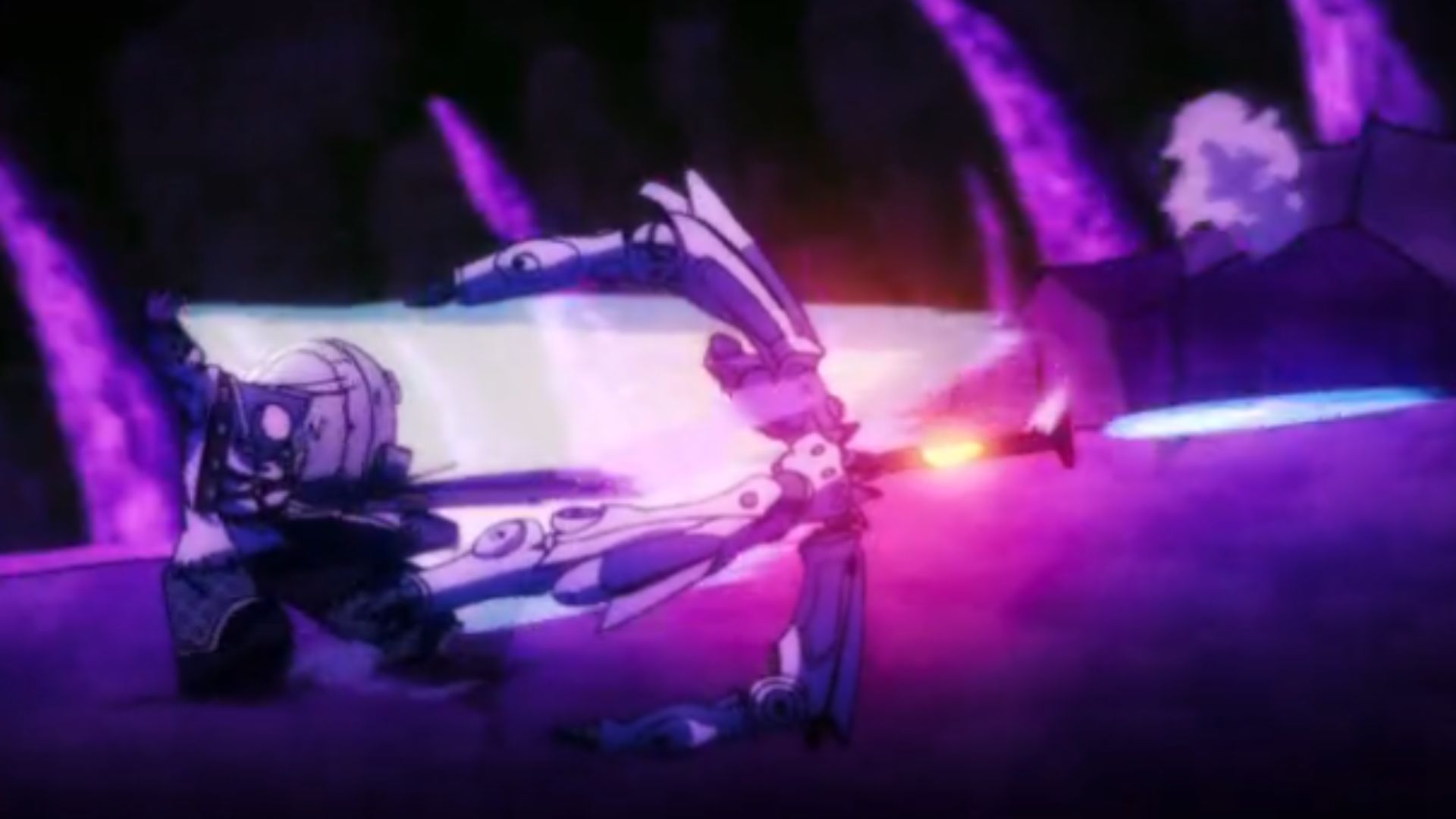 Bundus is trying to stop Rudo&#039;s Railgun&#039;s nail-bullet (Image Source: Studio Bones)