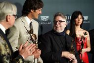 Guillermo del Toro, alongside Frankenstein cast members, at the 37th Annual Palm Springs International Film Awards. Image via Getty.